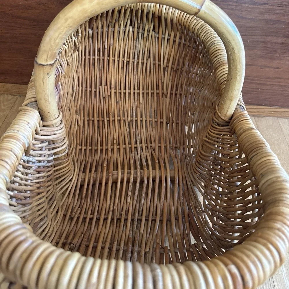 Vintage French Woven Gathering Basket 1960s Bamboo Handle Cottagecore 20